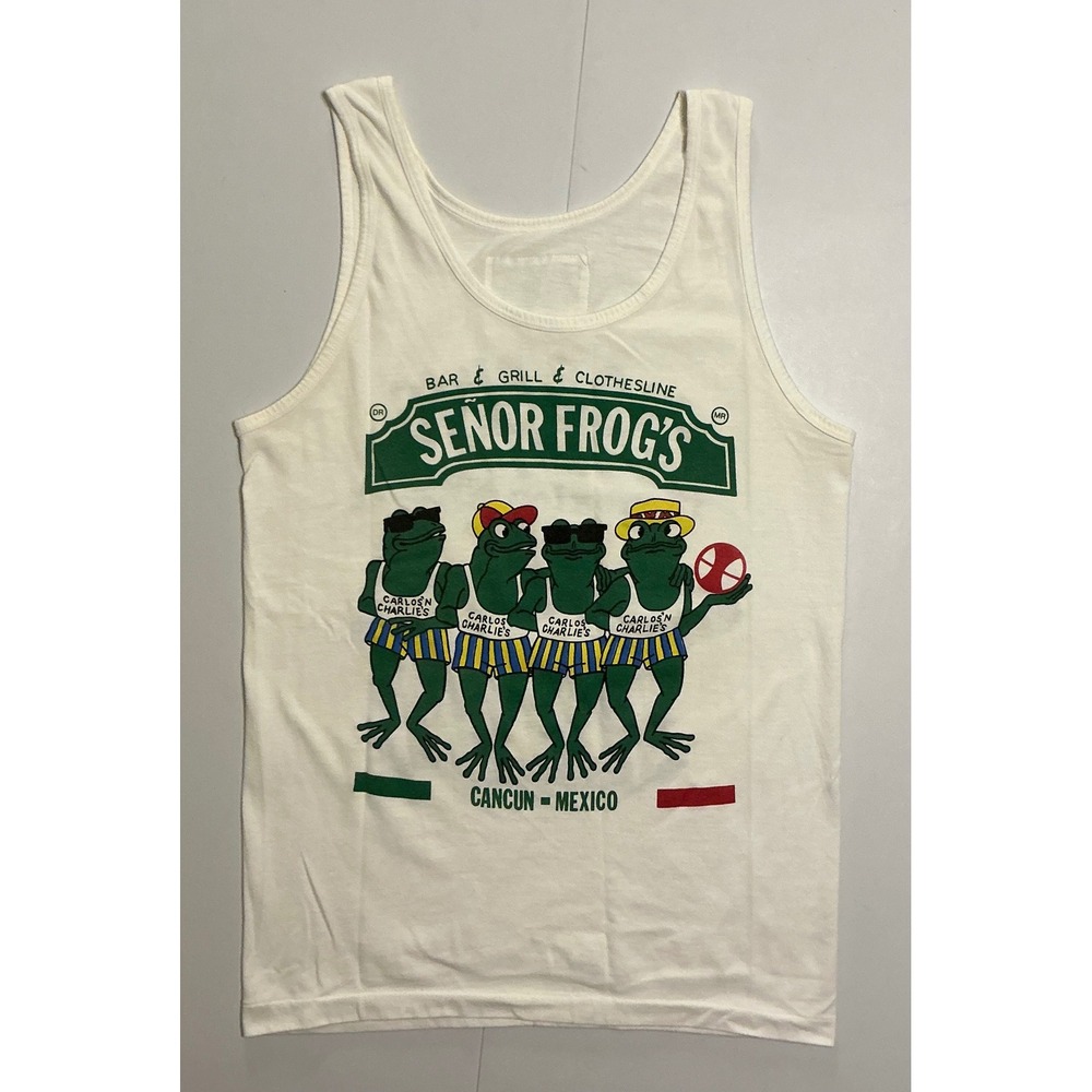 VTG 90s Single Stitch Senor Frogs Tank Top  White Cancun Mexico Frogging Mens XL